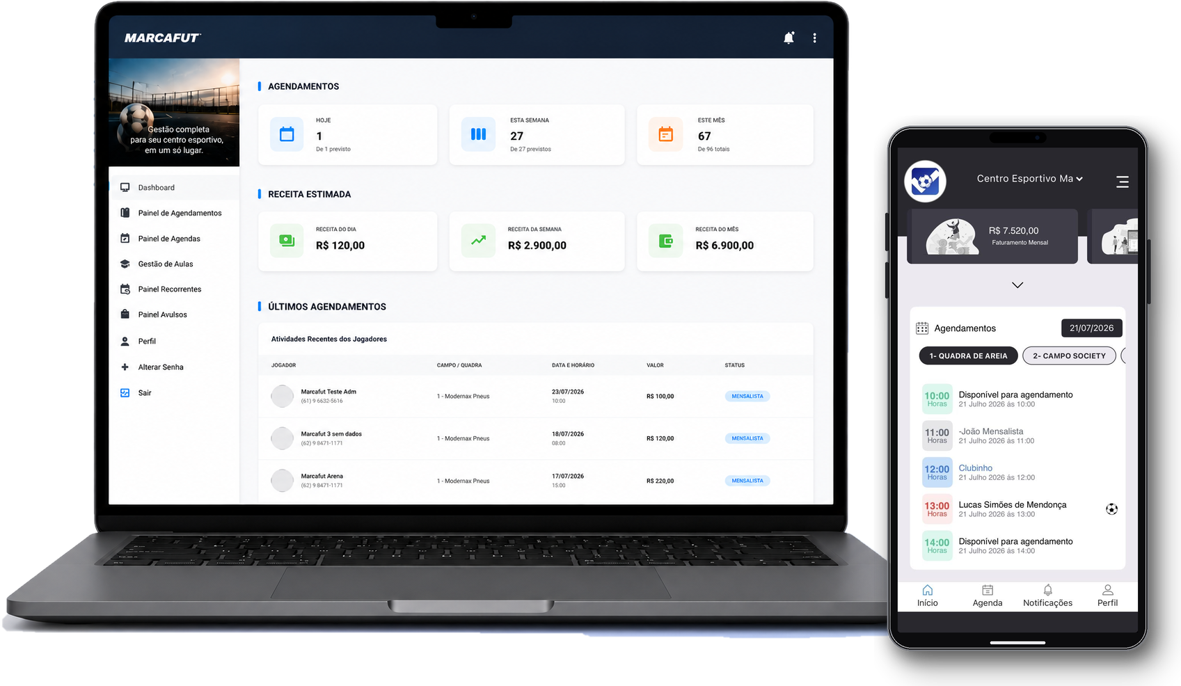 Painel web do Marcafut Centro Esportivo